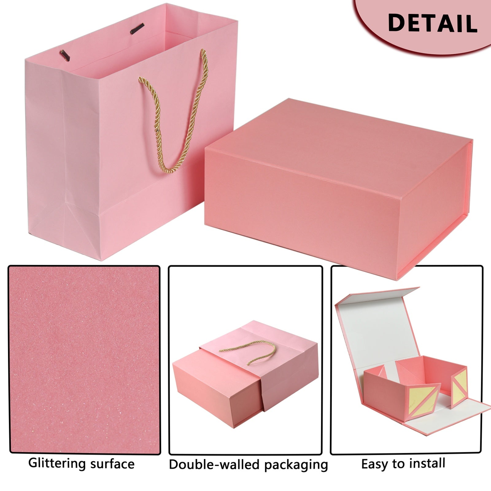 Luxury Gift Box with Lid Magnetic Closure Rectangle Collapsible for Christmas, Halloween, Birthday,Valentine's Day Gift Packging (Pink)