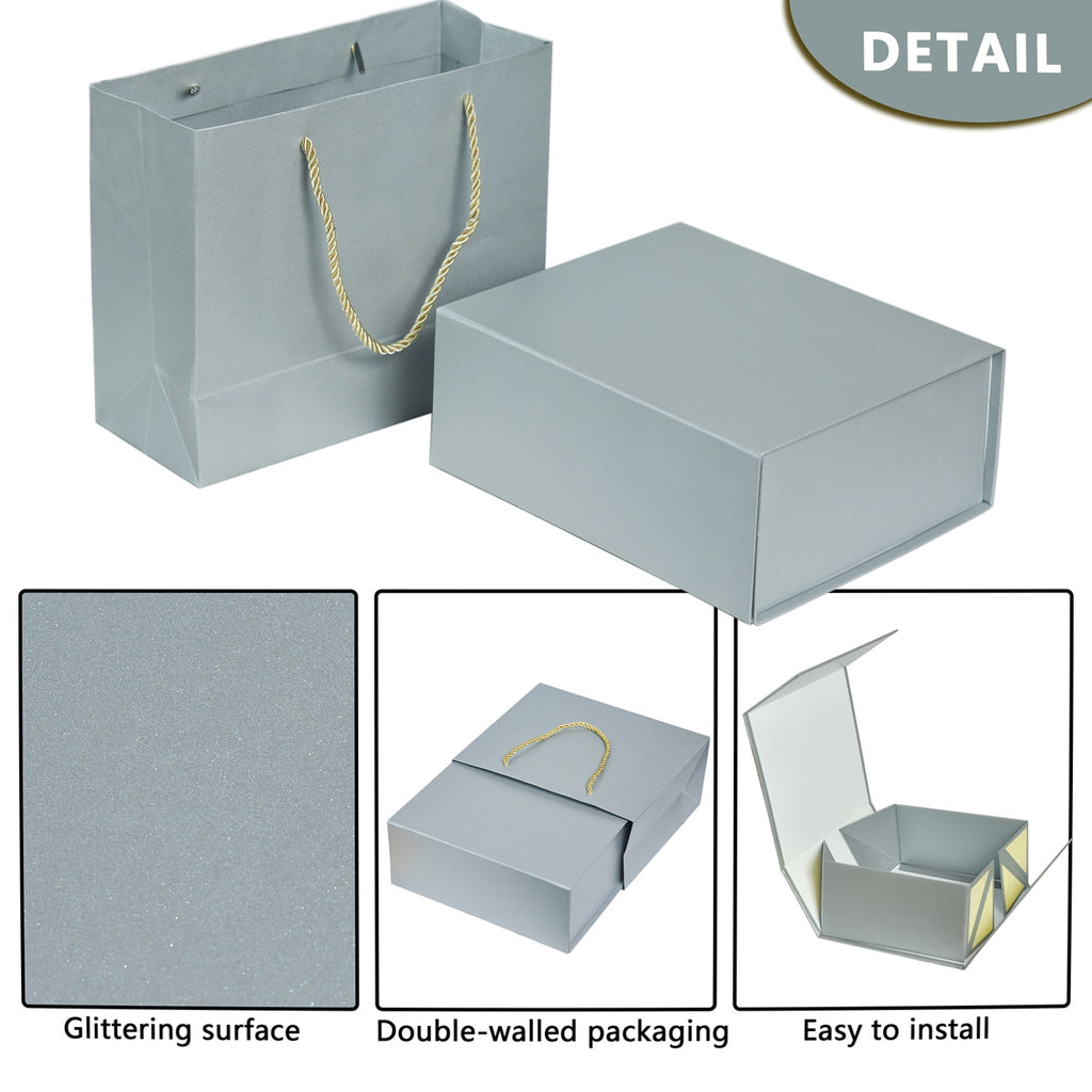 Luxury Gift Box with Lid Magnetic Closure Rectangle Collapsible for Christmas, Halloween, Birthday,Valentine's Day Gift Packging(Silver)