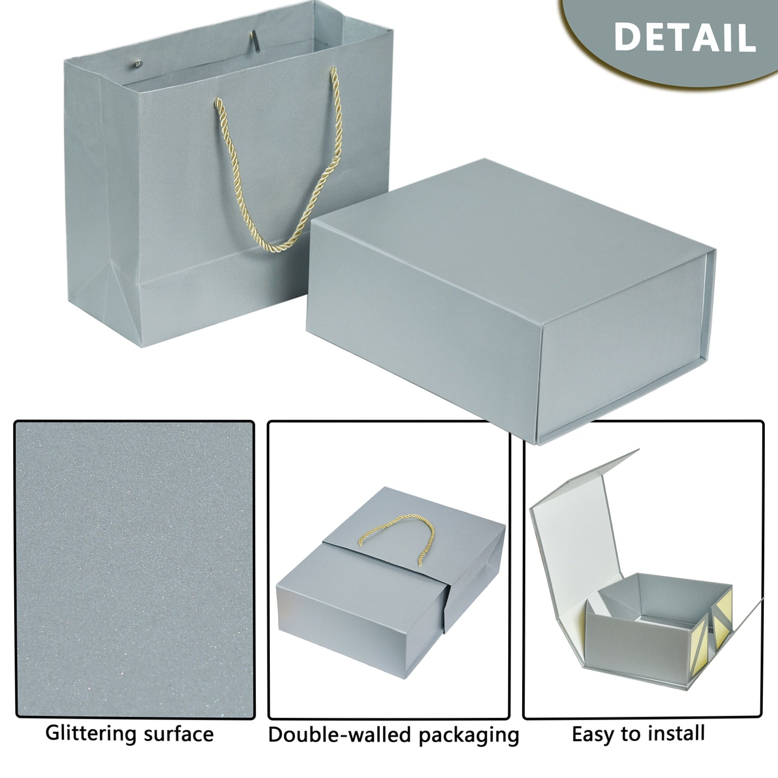 Luxury Gift Box with Lid Magnetic Closure Rectangle Collapsible for Christmas, Halloween, Birthday,Valentine's Day Gift Packging(Silver)