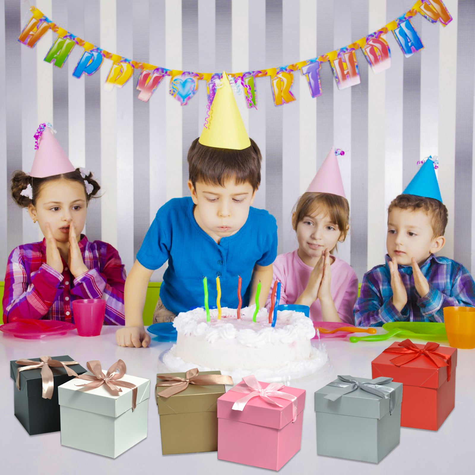 12 Pcs Mixed Color Gift Boxes with Lids, 6 Color Squared Boxes for Birthday Wedding Party (Multicolor, 6x6x6 Inch)