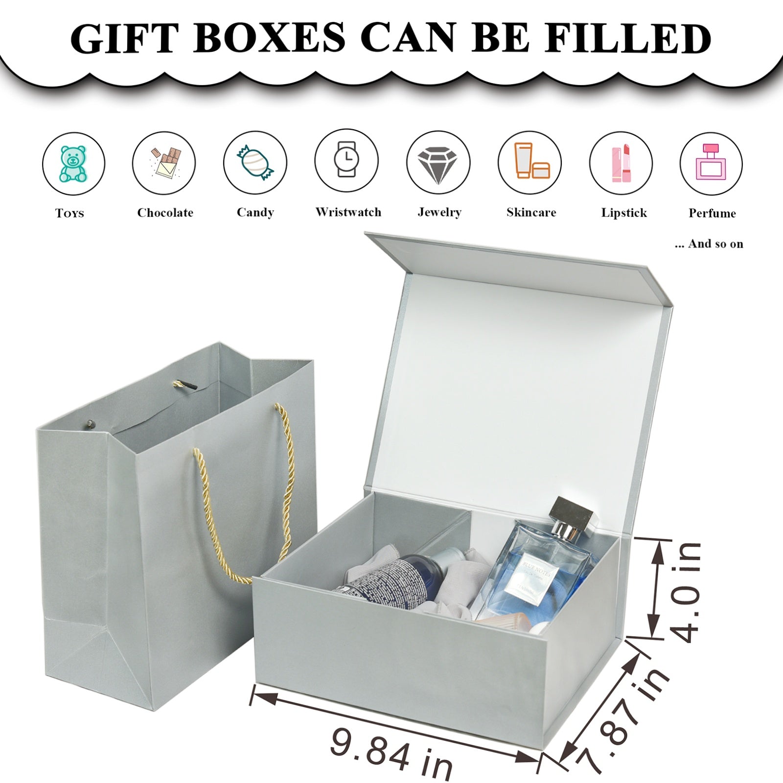 Luxury Gift Box with Lid Magnetic Closure Rectangle Collapsible for Christmas, Halloween, Birthday,Valentine's Day Gift Packging(Silver)