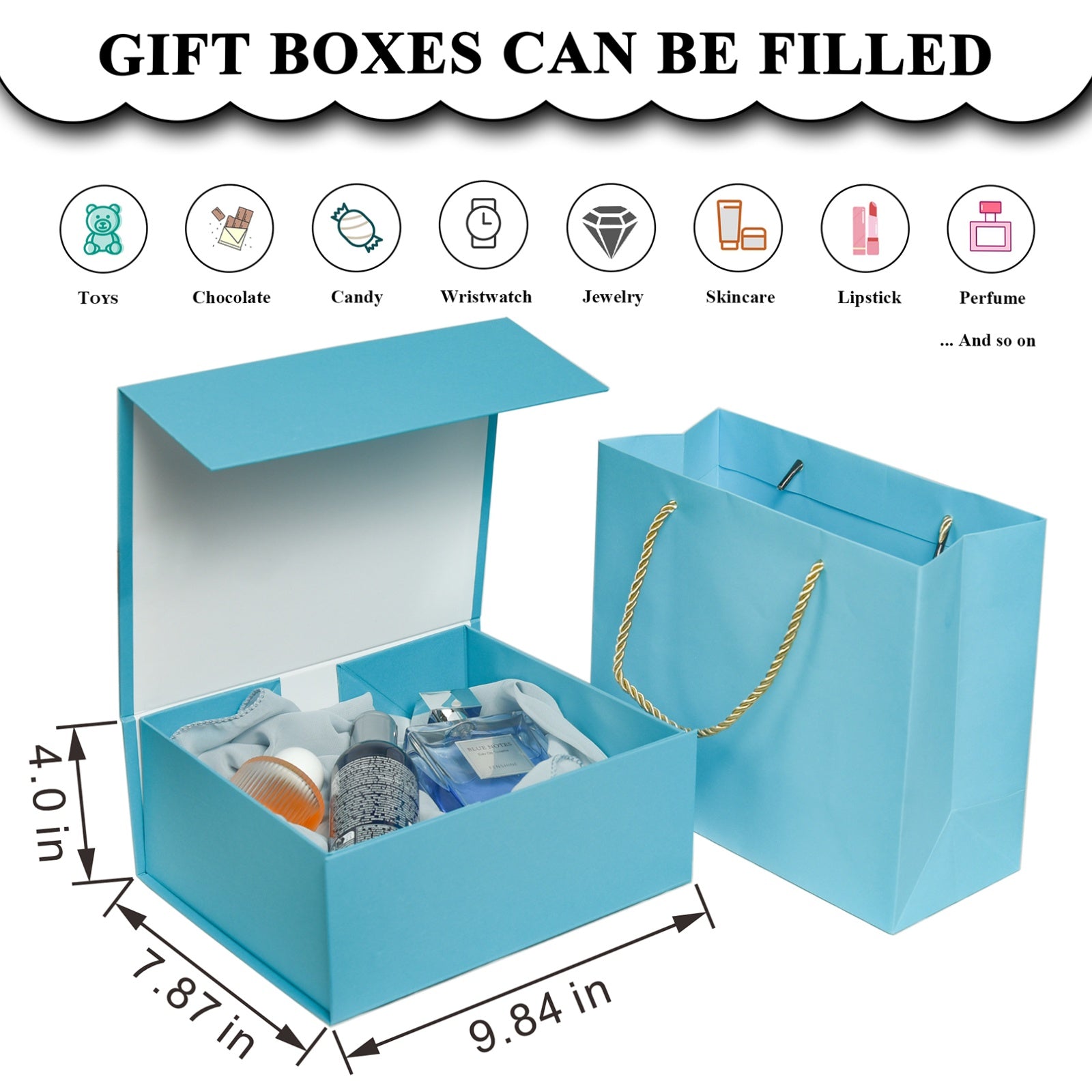 Luxury Gift Box with Lids Magnetic Closure Rectangle Collapsible for Christmas, Halloween, Birthday,Valentine's Day Gift Packging (Blue)