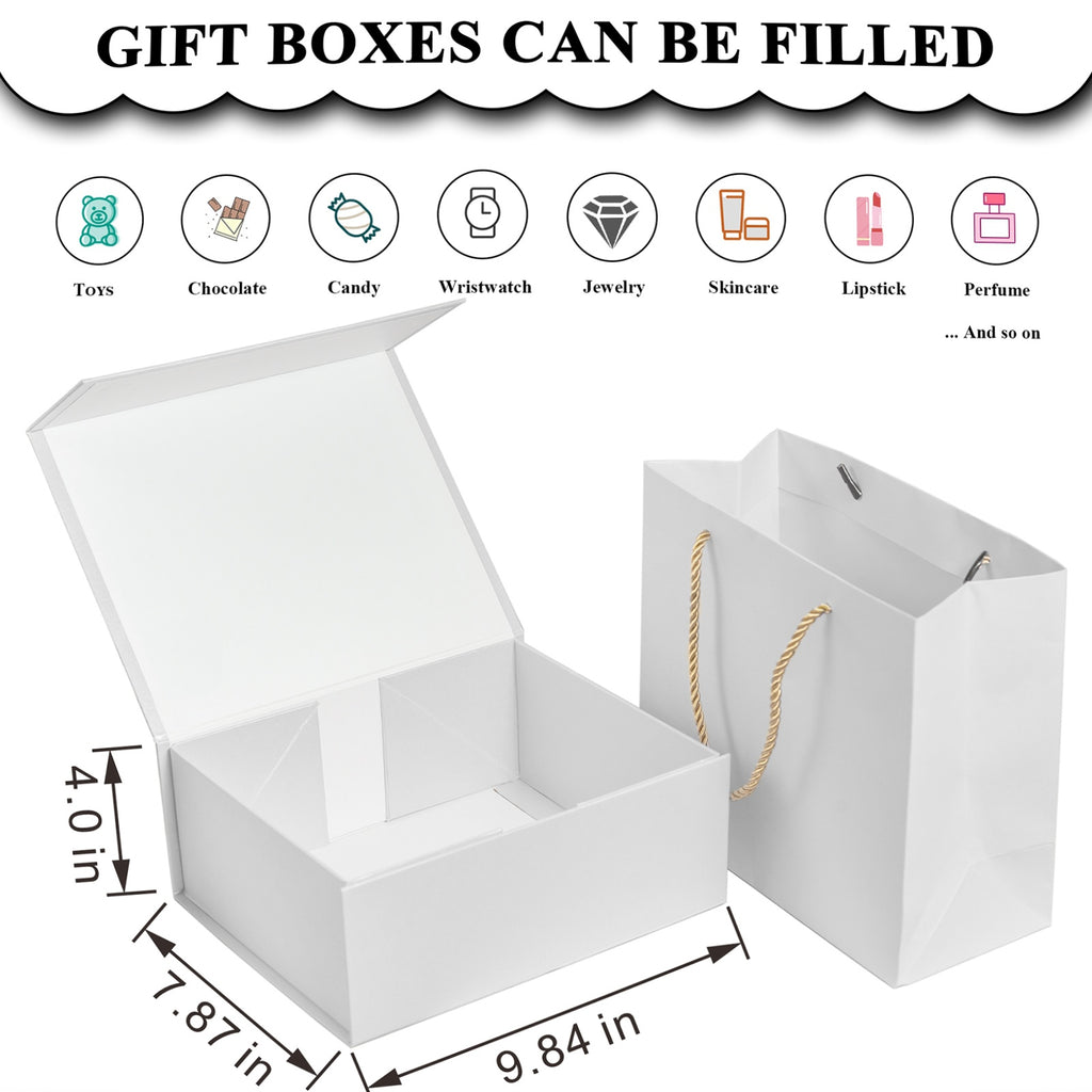 Luxury Gift Box with Lid Magnetic Closure Rectangle Collapsible for Christmas, Halloween, Birthday,Valentine's Day Gift Packging (White)