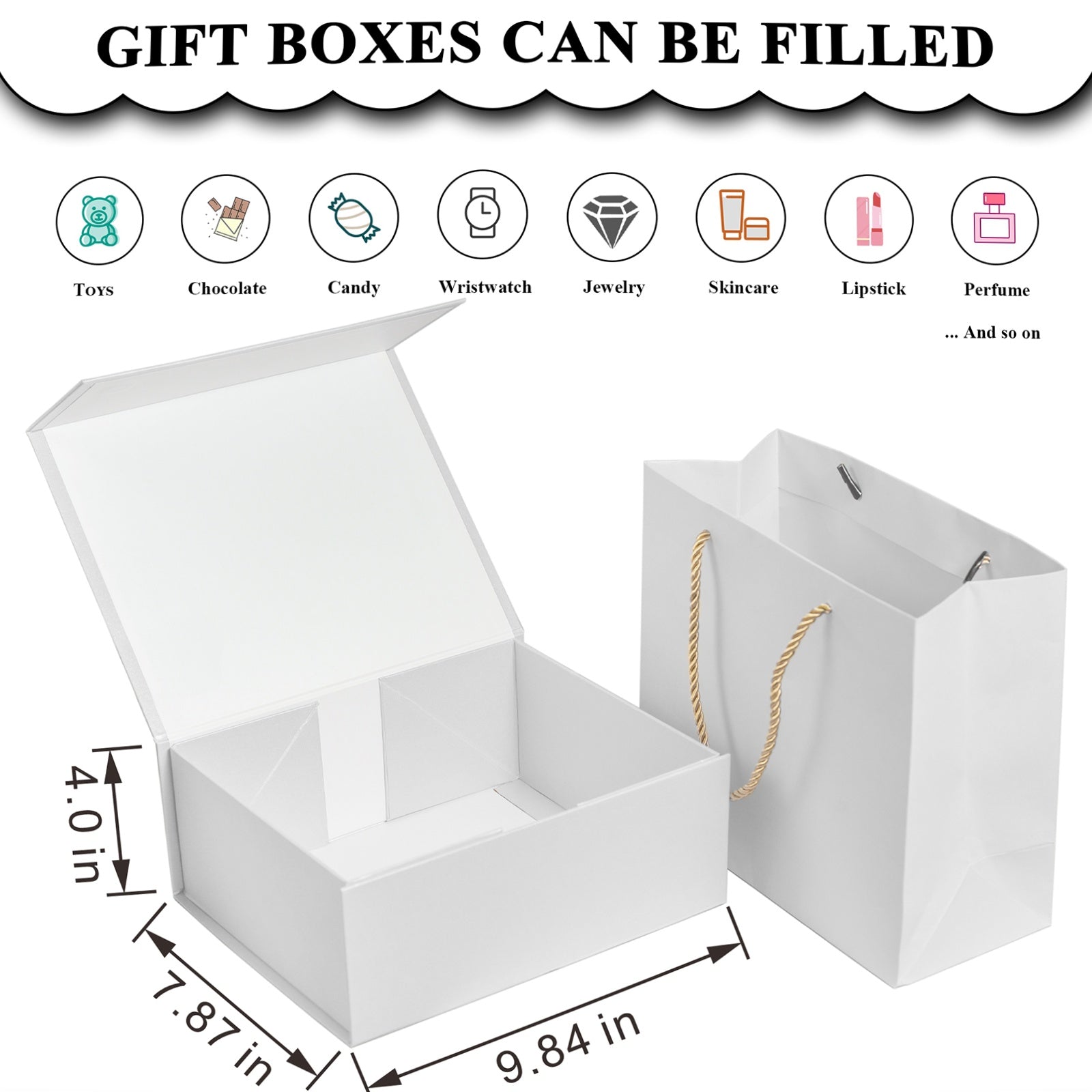Luxury Gift Box with Lid Magnetic Closure Rectangle Collapsible for Christmas, Halloween, Birthday,Valentine's Day Gift Packging (White)