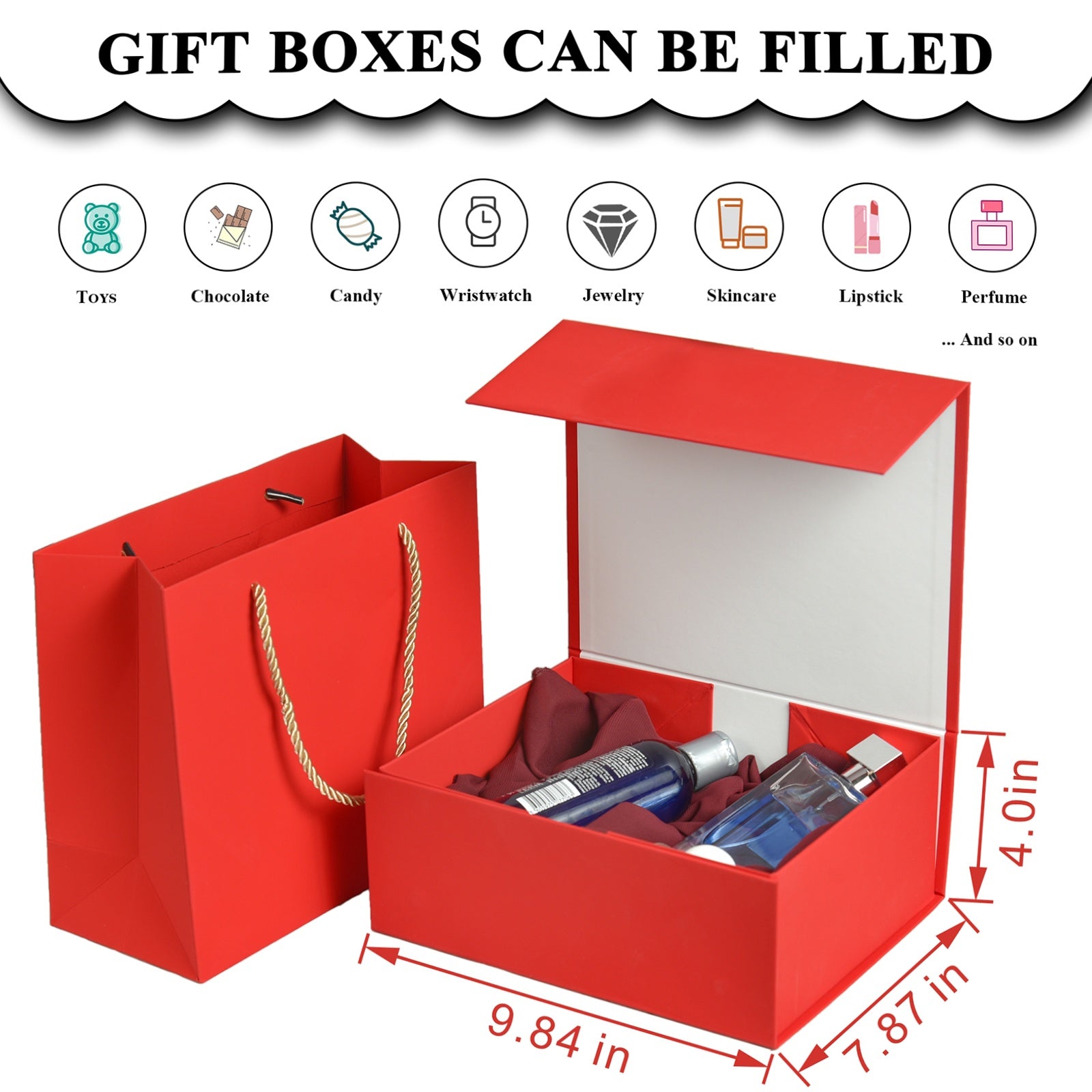 Luxury Gift Box with Lids Magnetic Closure Rectangle Collapsible for Christmas, Halloween, Birthday,Valentine's Day Gift Packging (Red)