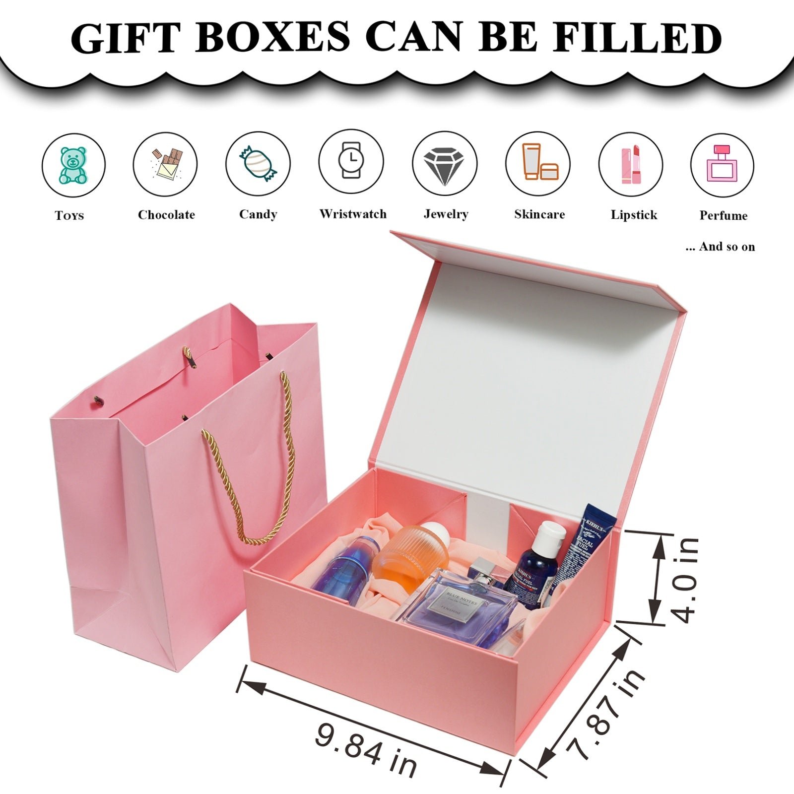 Luxury Gift Box with Lid Magnetic Closure Rectangle Collapsible for Christmas, Halloween, Birthday,Valentine's Day Gift Packging (Pink)