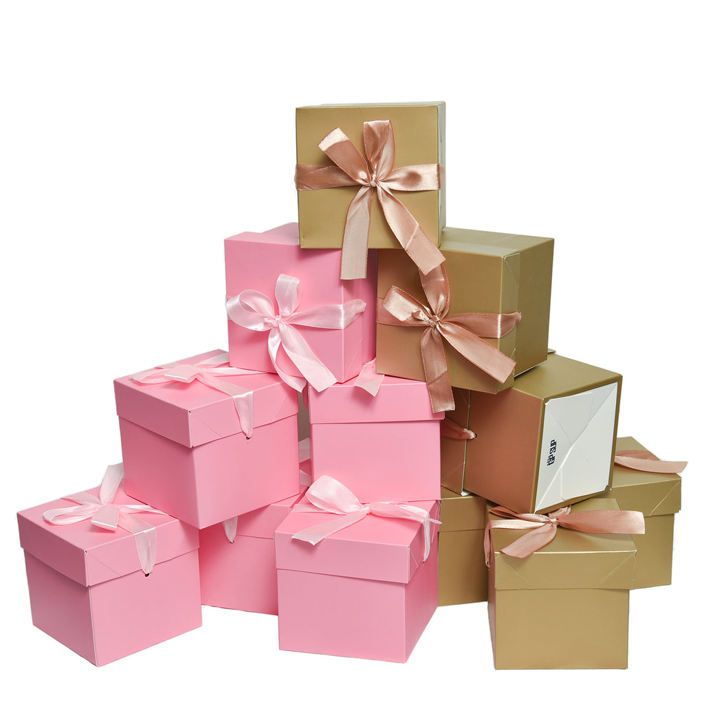 6 Gold & 6 Pink Gift Boxes with Lids,12 Pcs Beautiful Squared Boxes with Ribbons and Lids Perfect for Christmas Gift Box, New Year Gift Box（6x6x6 Inch)